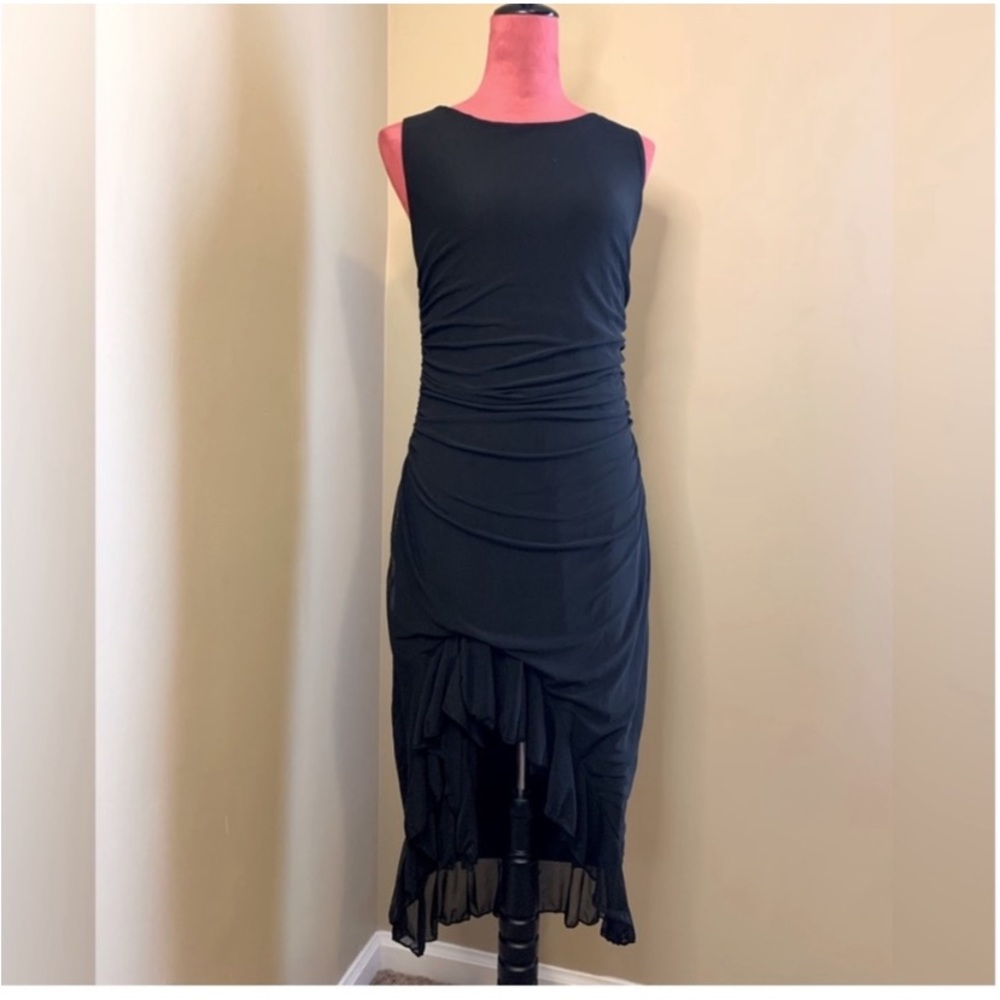 BLACK ASYMMETRICAL RUFFLE HEM RUCHED DRESS - Picture 4 of 12